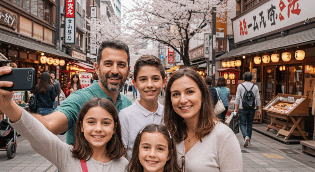 Familia tomando un sealfie en una calle durante su viaje en familia a Japón