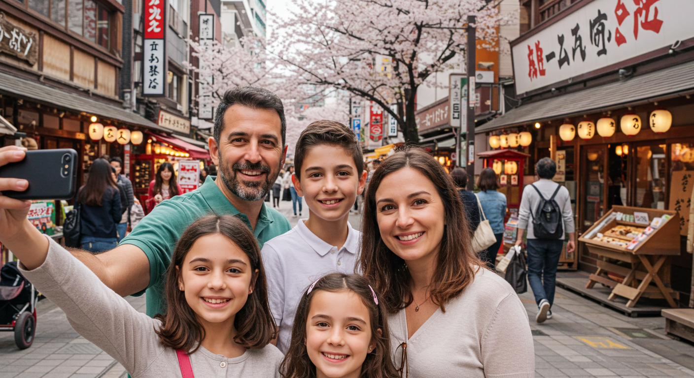 Familia tomando un sealfie en una calle durante su viaje en familia a Japón
