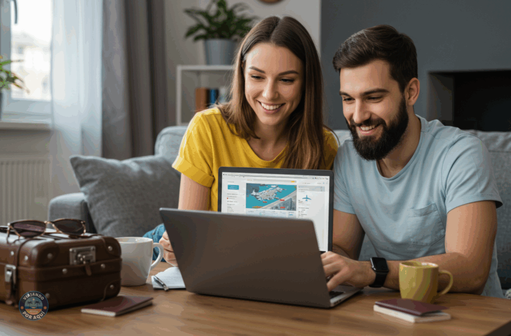 Pareja joven reservando un viaje online desde casa con laptop y maleta