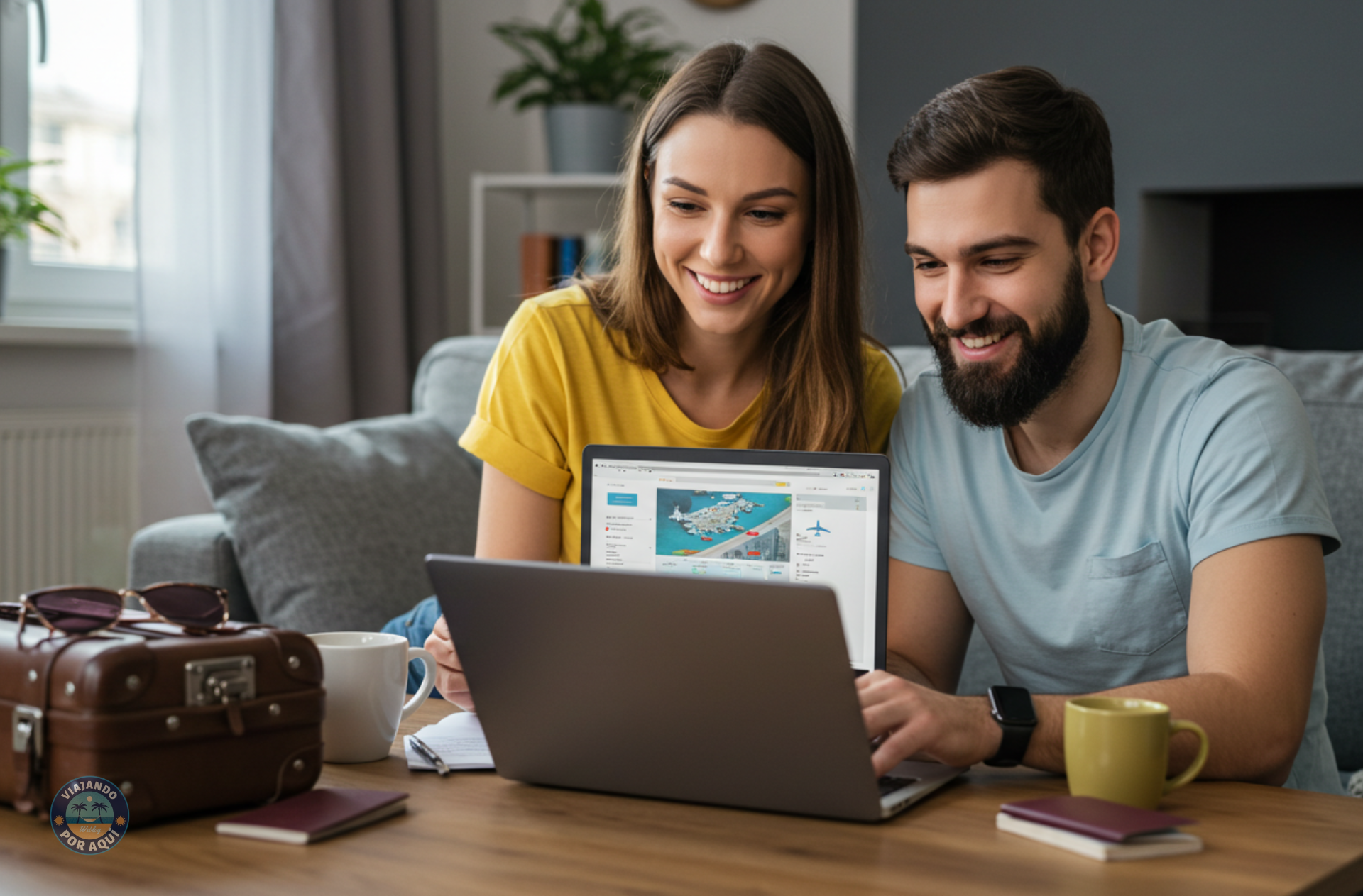 Pareja joven reservando un viaje online desde casa con laptop y maleta