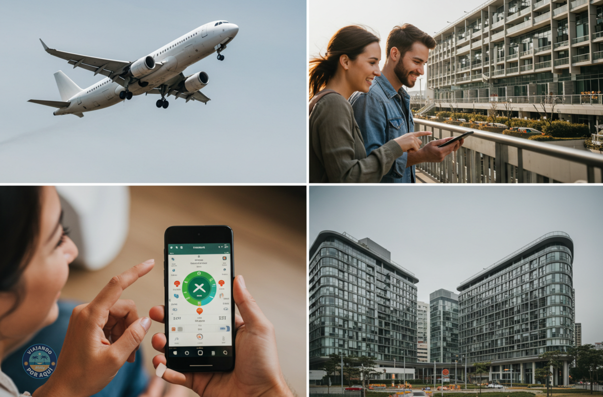 Collage visual de viaje: avión despegando, app de reservas de viajes y destino urbano moderno