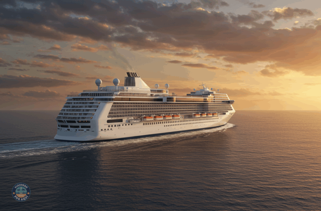 Crucero navegando en mar abierto al atardecer, con cielo naranja y aguas tranquilas, representando unas vacaciones relajantes y accesibles