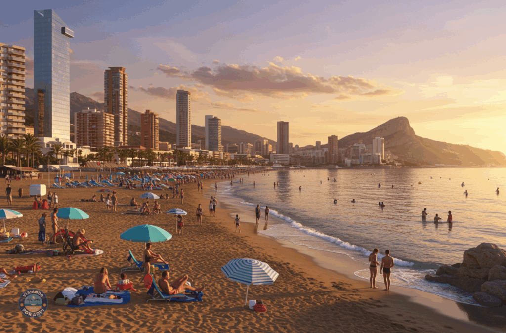 Playa de Levante en Benidorm al atardecer con turistas disfrutando del verano en España