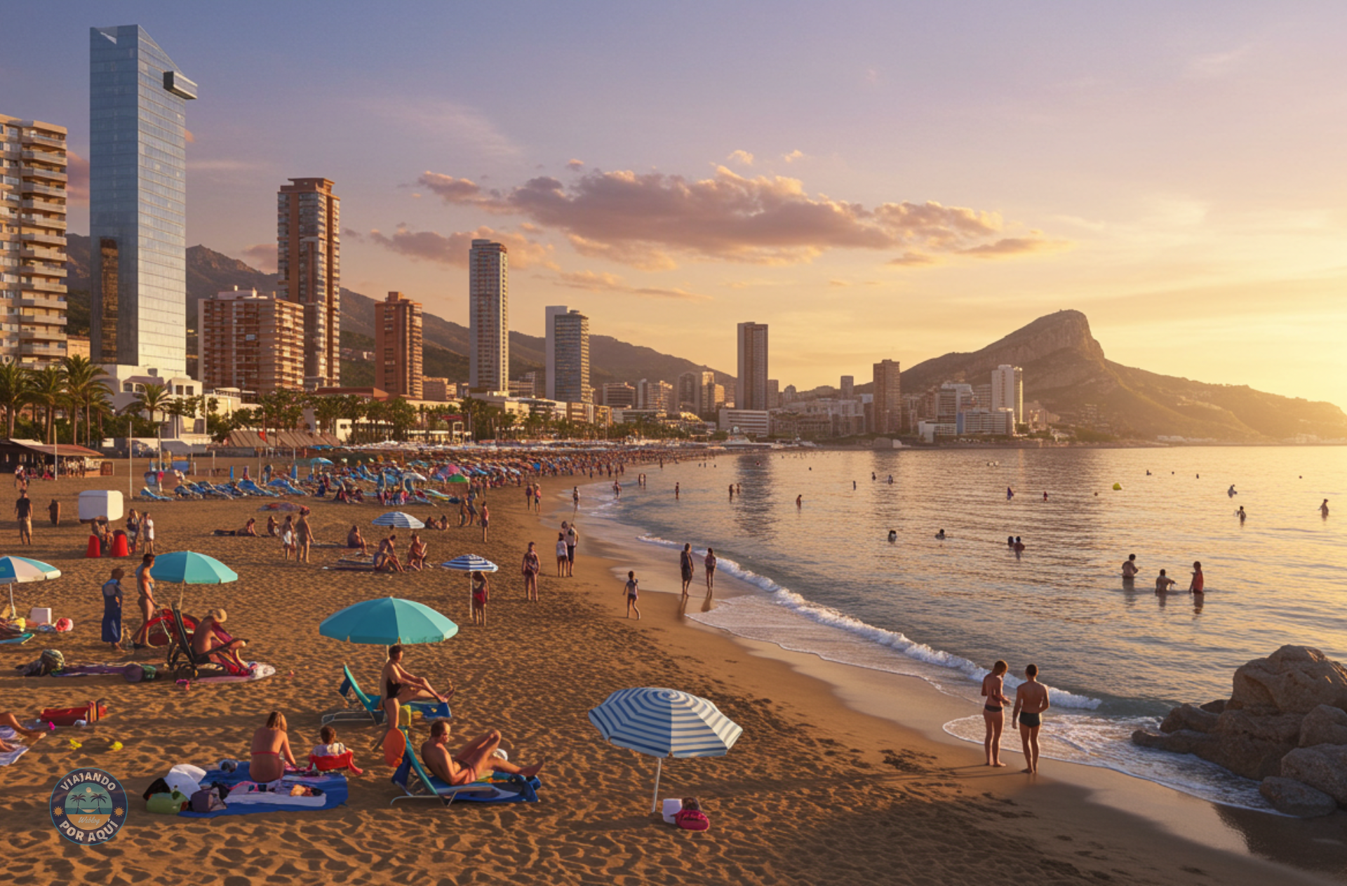 Playa de Levante en Benidorm al atardecer con turistas disfrutando del verano en España
