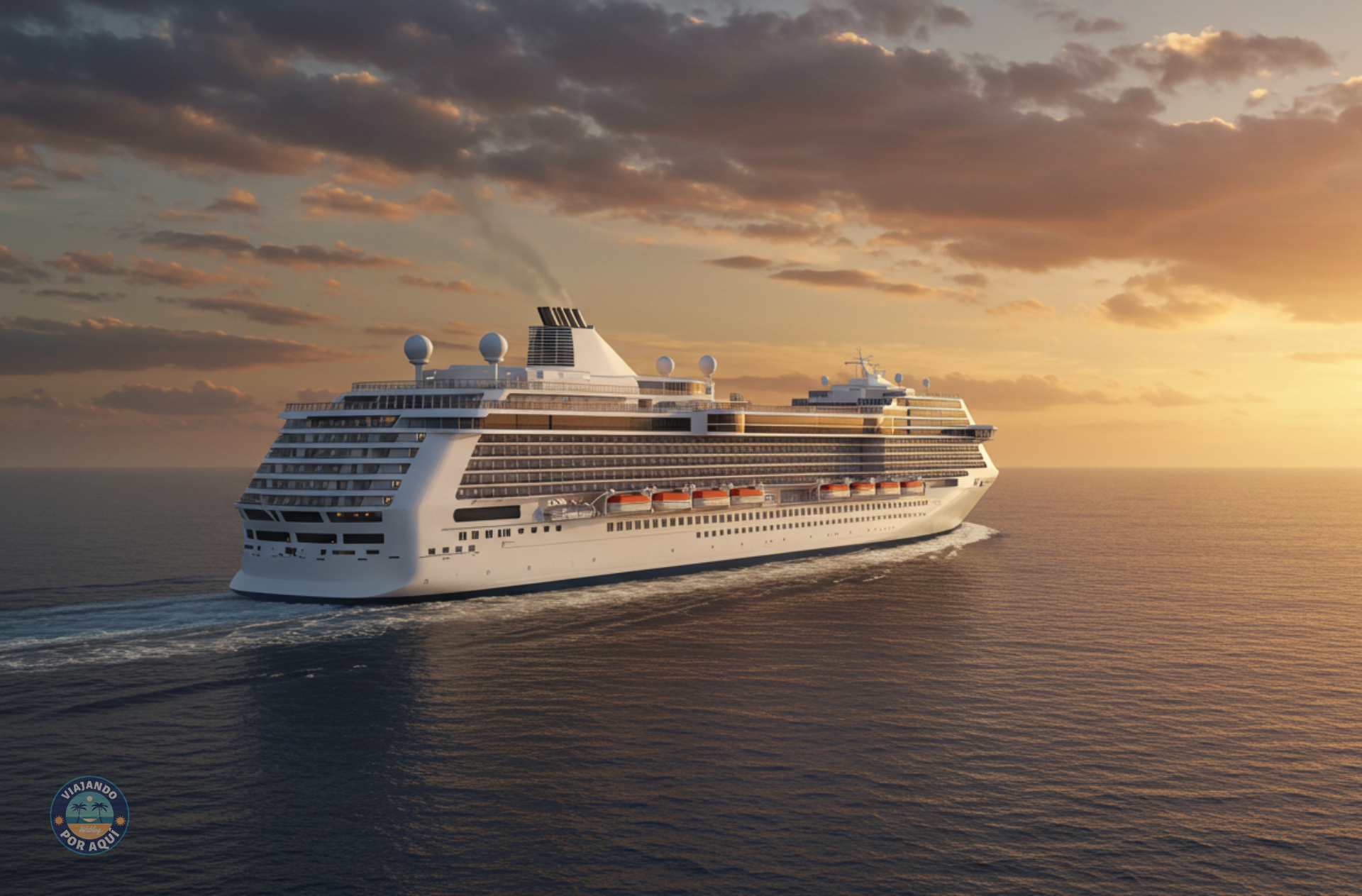 Crucero navegando en mar abierto al atardecer, con cielo naranja y aguas tranquilas, representando unas vacaciones relajantes y accesibles
