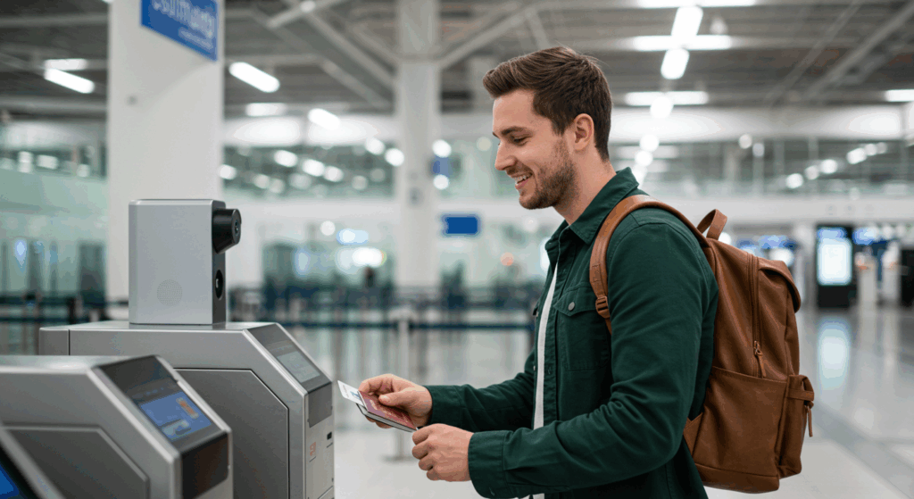 Viajero registrando pasaporte y reconocimiento facial en aeropuerto europeo