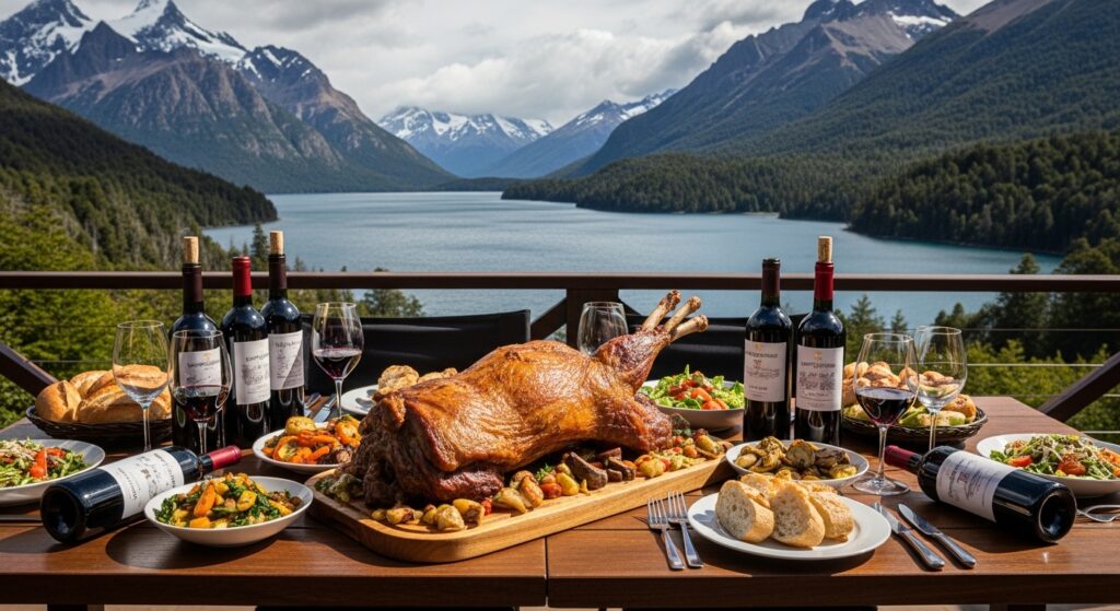 Mesa con cordero patagónico, vino tinto y vista al lago, luz natural, estilo de viaje gourmet