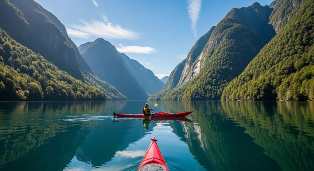 Kayak sobre el Lago Moreno rodeado de montañas verdes, día soleado, reflejos en el agua