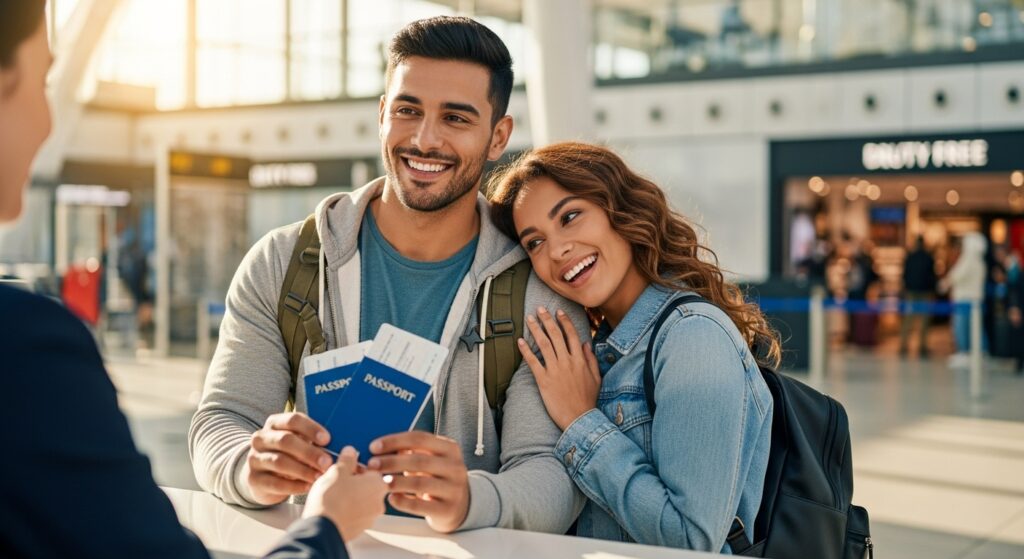 Pareja latinoamericana en aeropuerto europeo lista para registrar entrada SES
