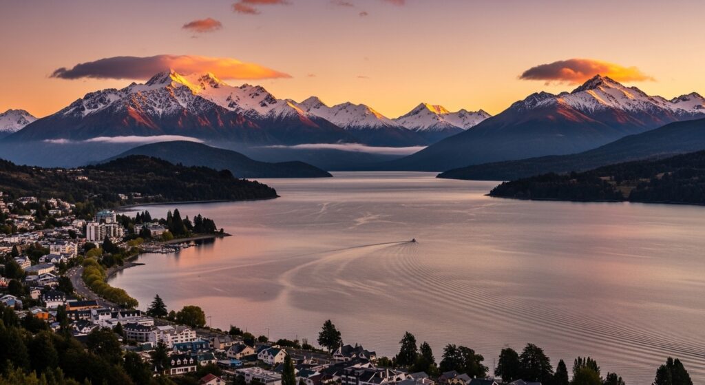 Vista panorámica de Bariloche con el lago Nahuel Huapi y montañas nevadas al fondo, luz cálida del amanecer, estilo fotográfico realista
