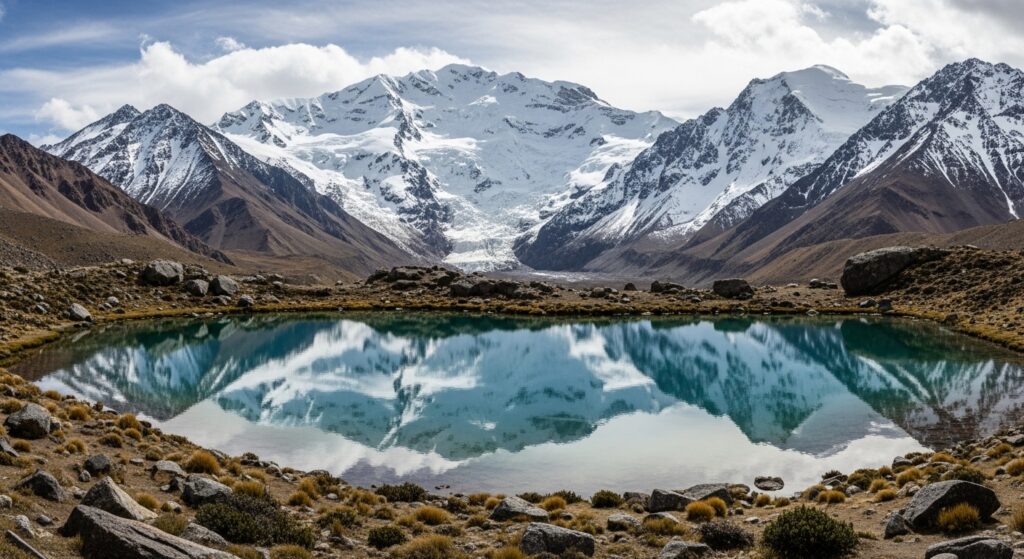 Vista del Monte Aconcagua y la Laguna de Horcones bajo cielo despejado