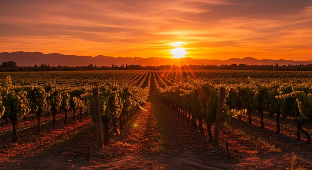 Atardecer dorado sobre viñedos de Mendoza, paisaje romántico