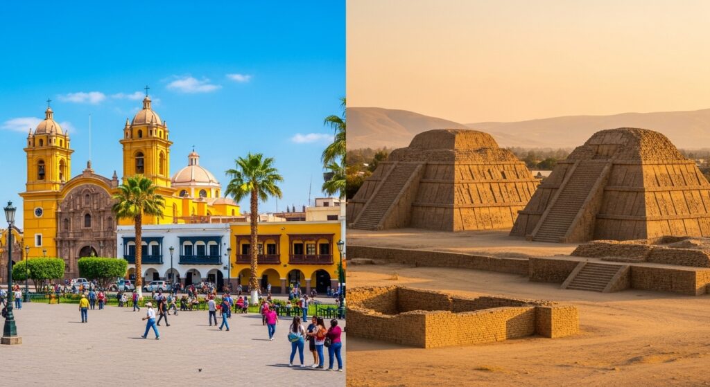 anorámica de Trujillo y Chiclayo, con la Catedral de Trujillo y las pirámides mochicas del norte del Perú