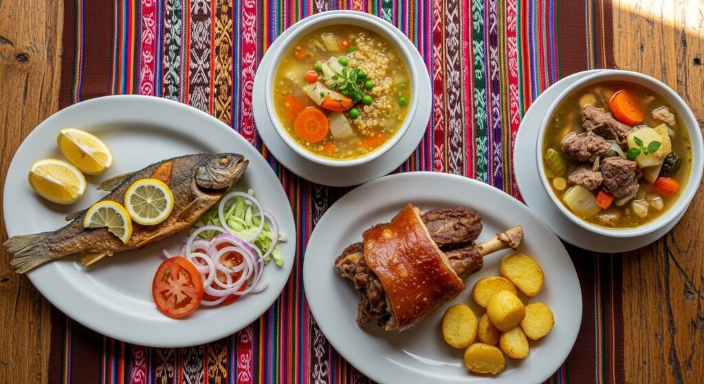 Platos típicos puneños: trucha del Titicaca, sopa de quinua, cancacho y chairo.