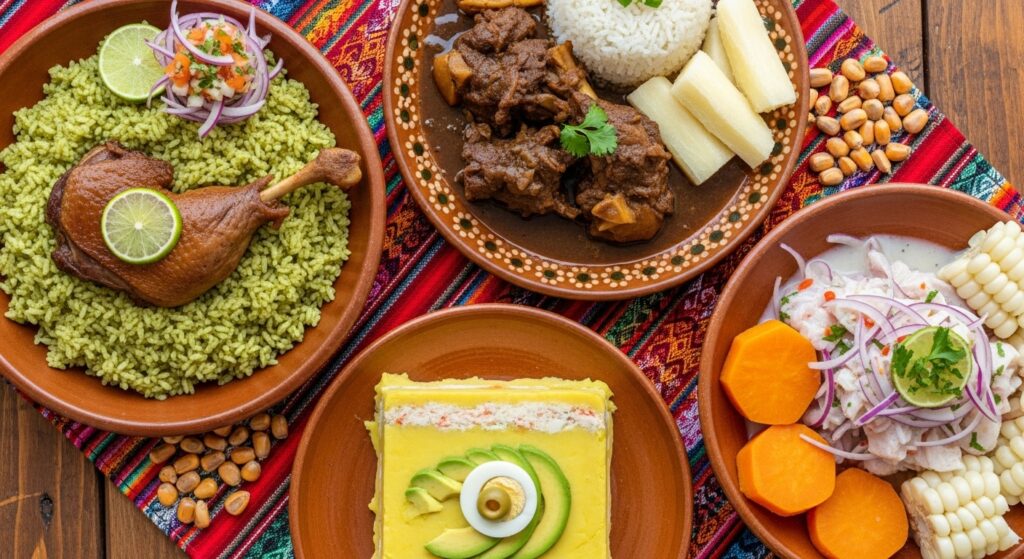 Platos típicos del norte del Perú: arroz con pato, cabrito a la norteña y causa trujillana.