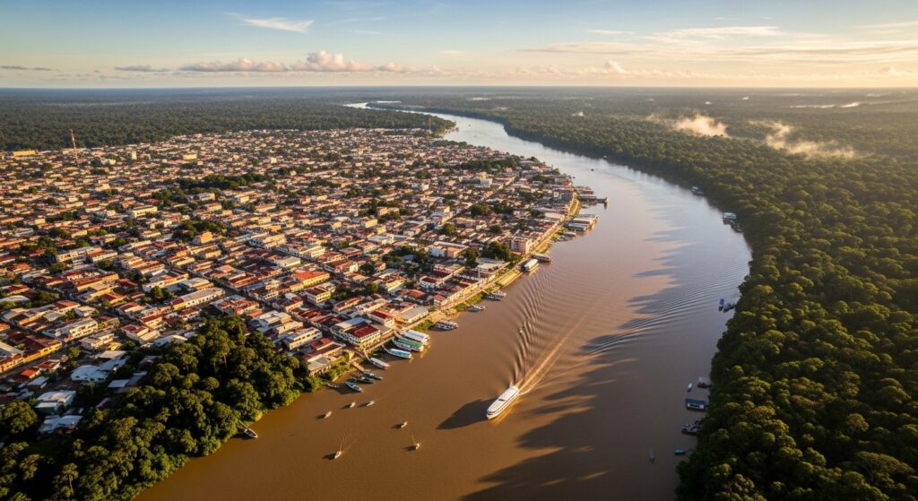 Vista panorámica de Iquitos al amanecer, rodeada por la selva amazónica y el río Itaya.