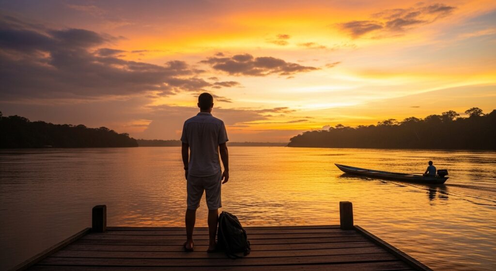 Viajero contemplando el atardecer sobre el río Amazonas en Iquitos.