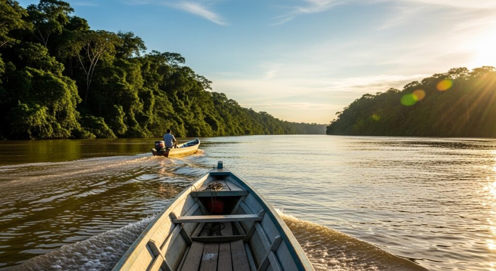 Paseo en bote por el río Amazonas cerca de Iquitos, rodeado de selva tropical.