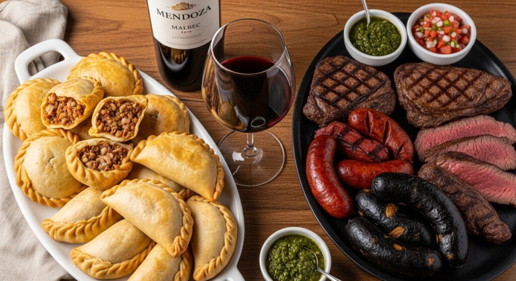 Empanadas mendocinas y copa de Malbec sobre mesa rústica