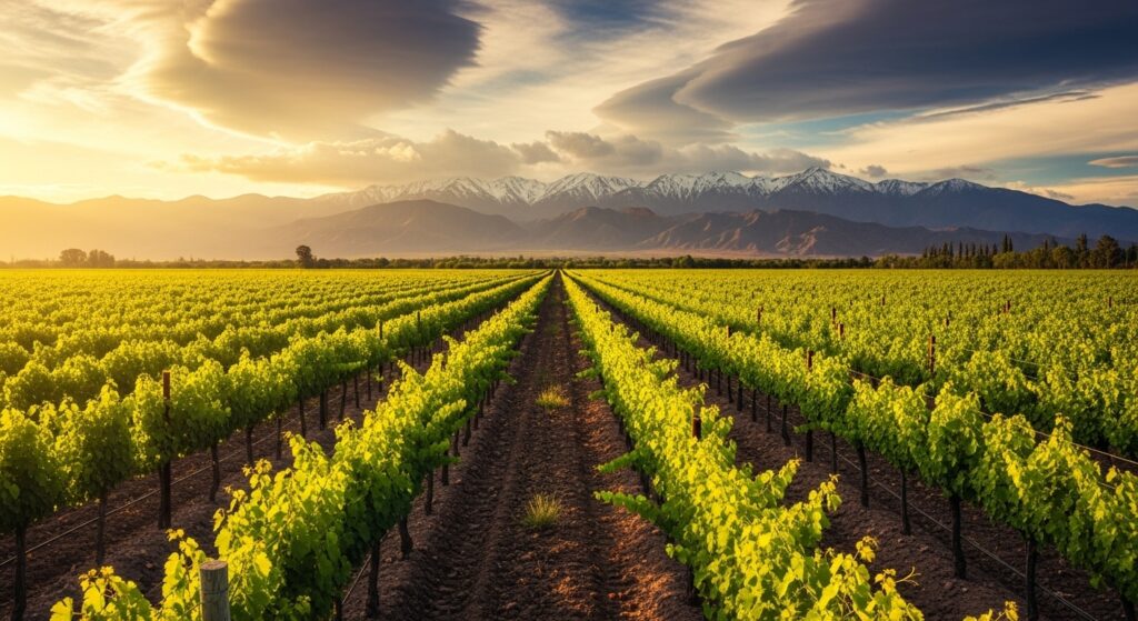 Viñedos de Mendoza con la Cordillera de los Andes al fondo, paisaje panorámico al atardecer