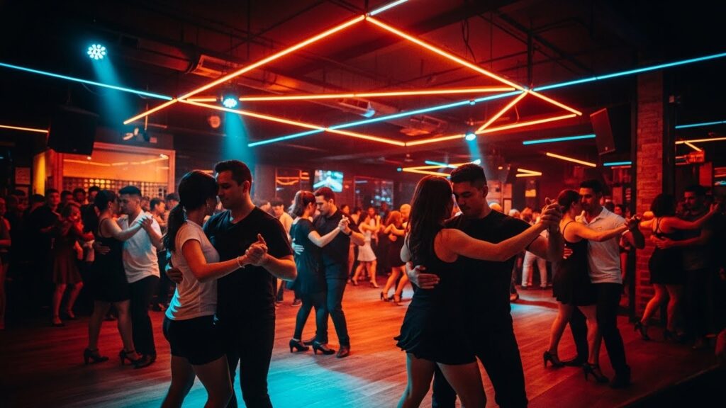 Personas bailando salsa en un club nocturno de Cali con luces vibrantes y ambiente festivo