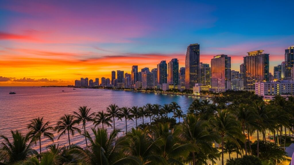 Vista panorámica de Miami Estados Unidos al atardecer con rascacielos y bahía.