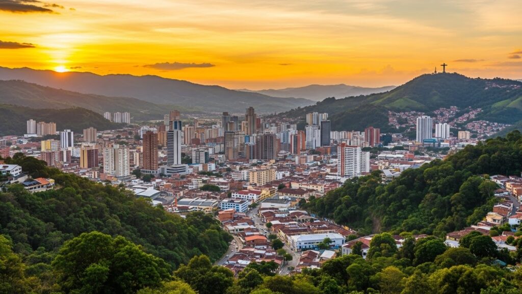 Vista panorámica de Cali, Colombia, con colinas verdes y la ciudad iluminada al atardecer