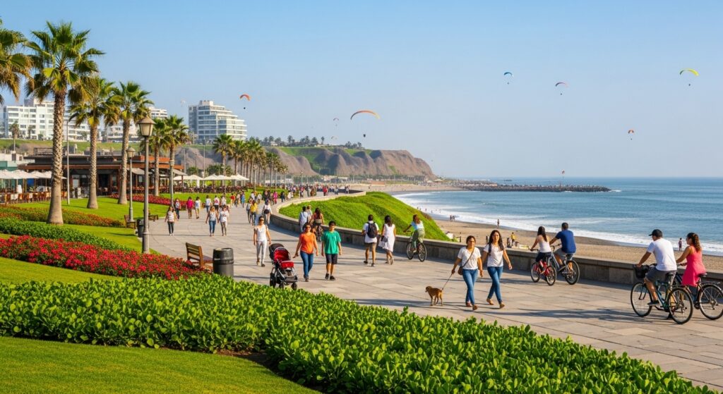 Verano en Lima con vista al Malecón de Miraflores y el océano Pacífico en un día soleado